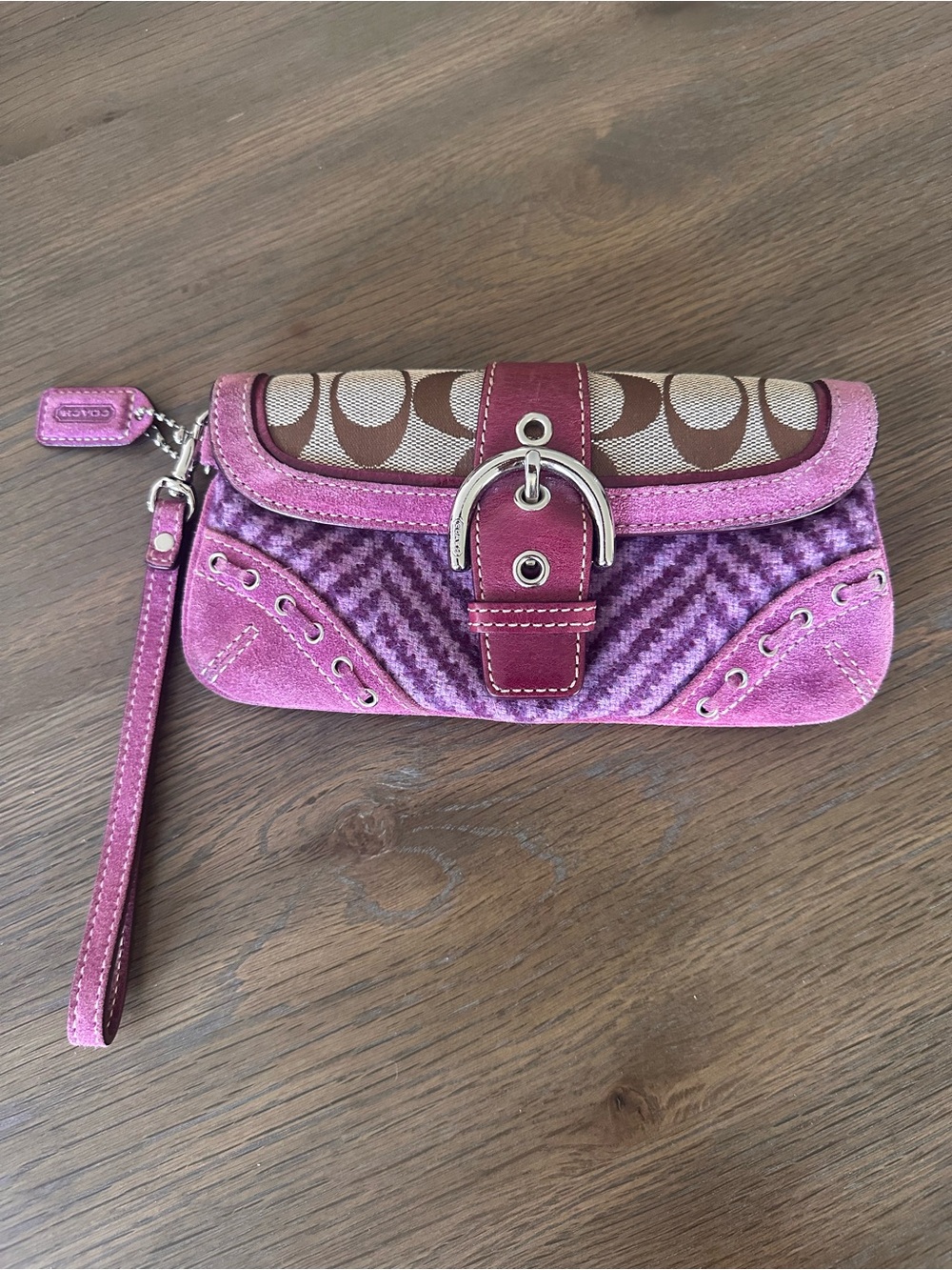 Vintage Coach Soho Purple Herringbone Tweed & Suede Flap Wristlet